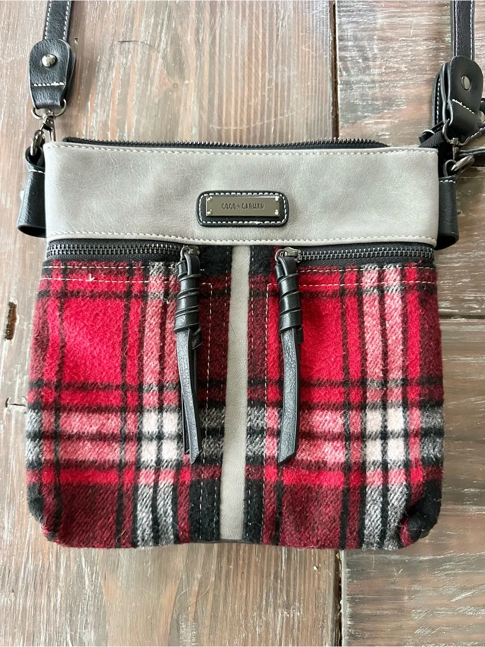 Coco + Carmen Red Plaid Crossbody with faux leather Gray Trim and Black Strap